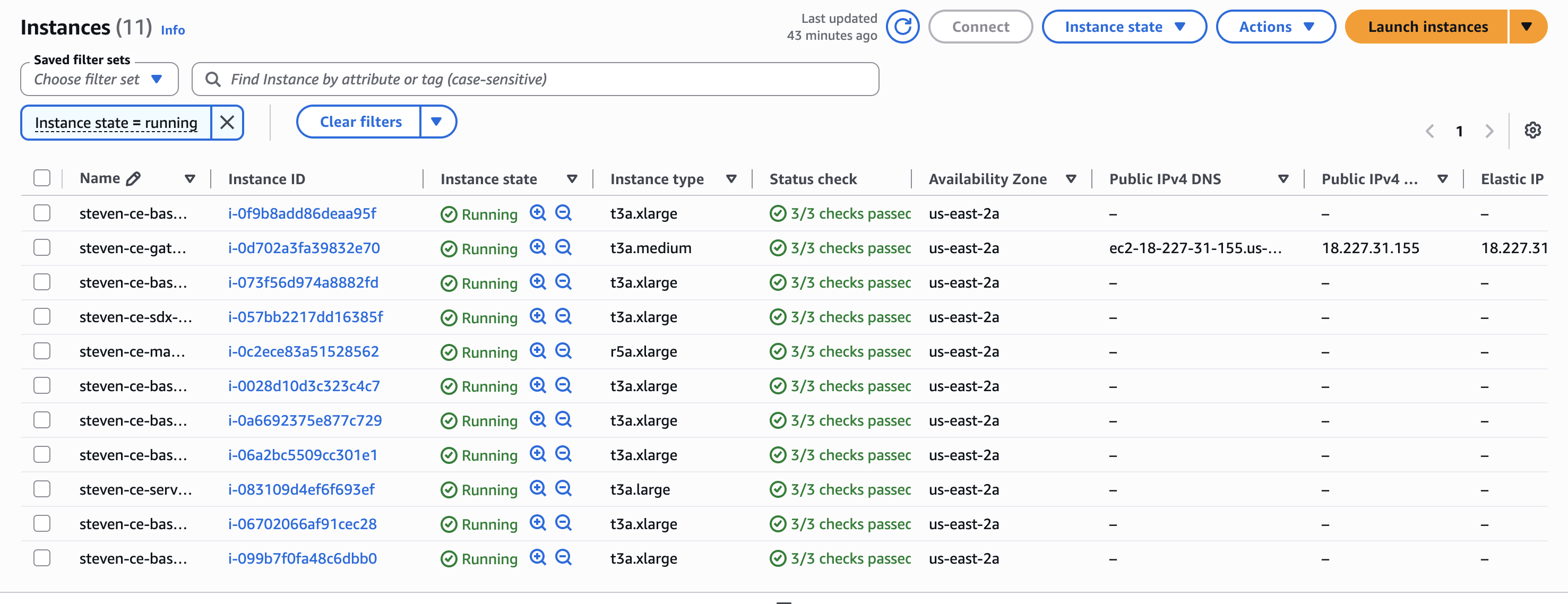 AWS EC2 console — the ~11 EC2 instances the deployment provisions, one per cluster role (gateway, services, masters, workers, cms, sdx)